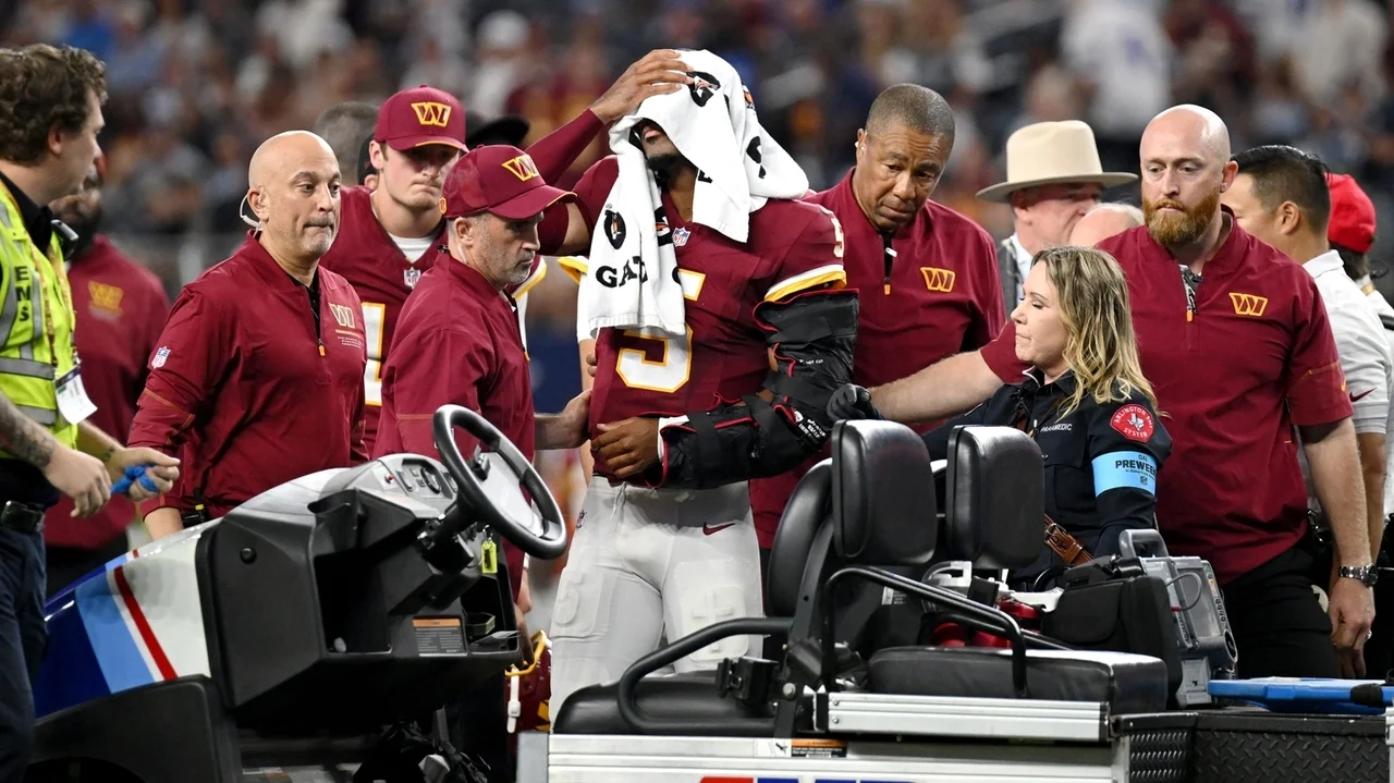 Commanders QB Jayden Daniels injures the same left elbow he dislocated last year