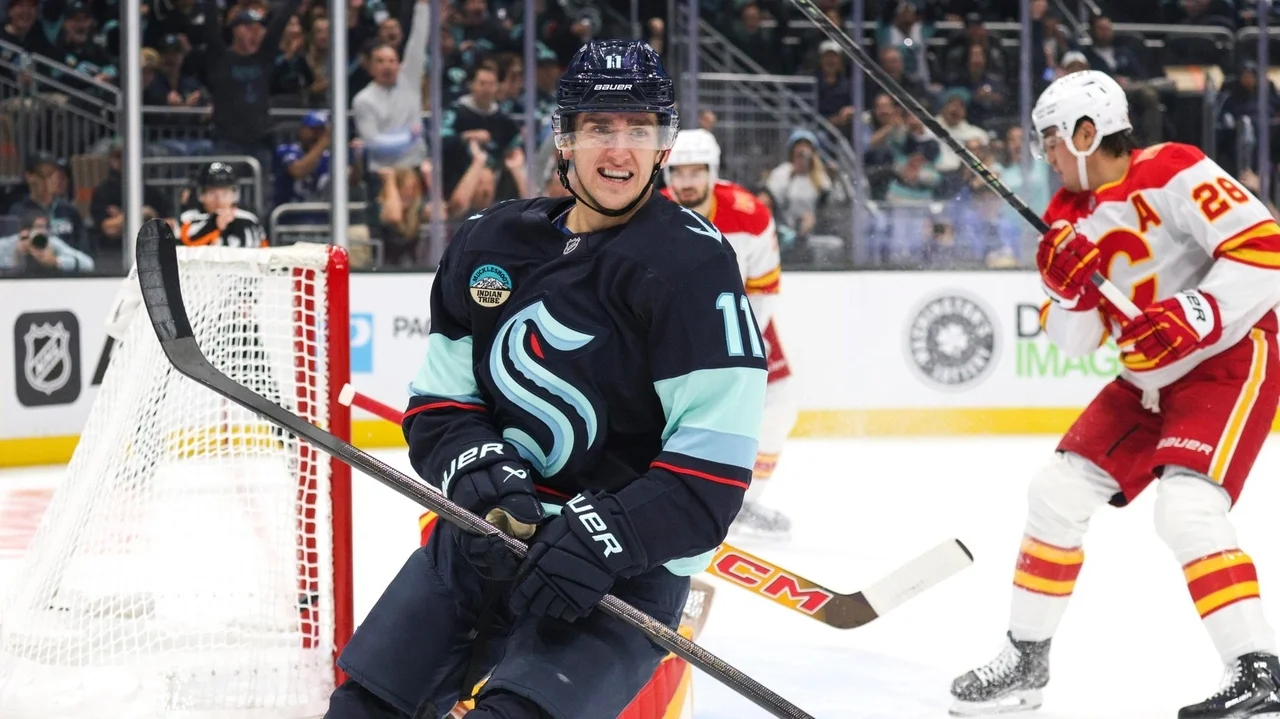 Samoskevich scores twice and Kraken beat Flames 6-1 in home opener as Calgary stays winless